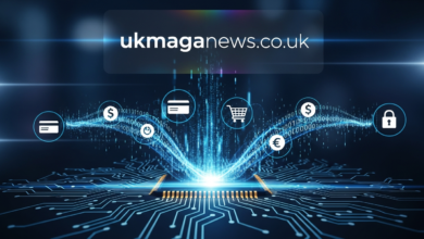 Digital network with financial icons.