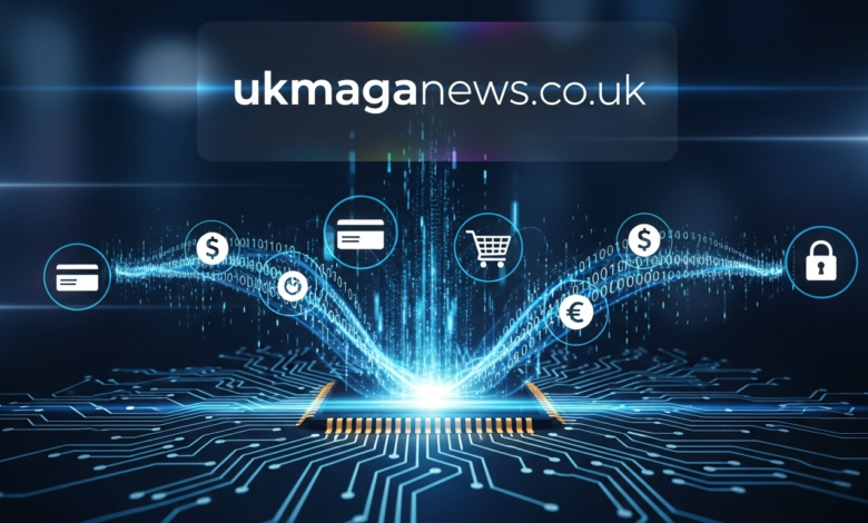 Digital network with financial icons.